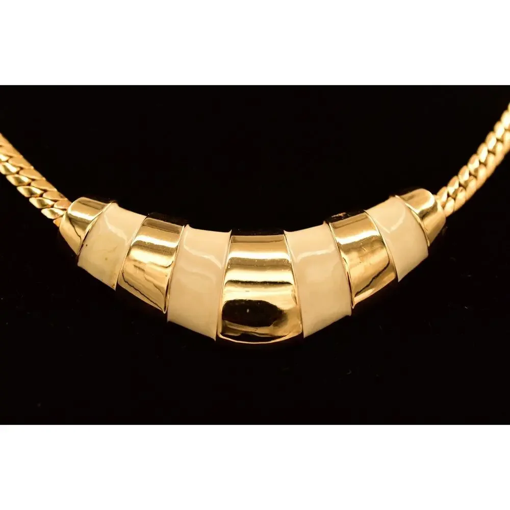 Napier Vintage Collar Necklace Off White Enamel Gold Tone Chain Signed 80s BinBE